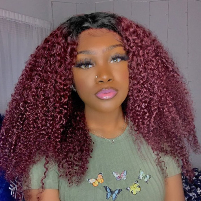 Sunber $100 Off Sunber Ombre 99j Burgundy Colored Jerry Curly V Part Human Hair Wig Luxury Density