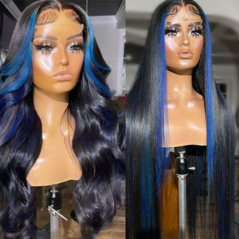 Clearance Sale Sunber Body Wave 13x4 Lace Front Wigs Black With Blue Highlights Skunk Stripe Blue Dream Flash Sale