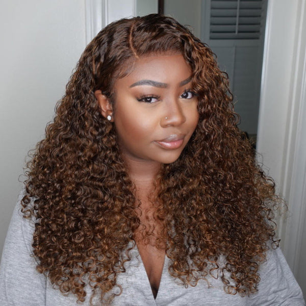 Flash Sale Sunber Piano Brown Highlight Jerry Curly 13X4 Lace Front Wigs