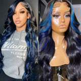 Sunber Body Wave 13x4 Lace Front Wigs Black With Blue Highlights Skunk Stripe Blue Dream