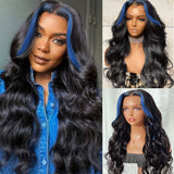 Sunber Body Wave 13x4 Lace Front Wigs Black With Blue Highlights Skunk Stripe Blue Dream