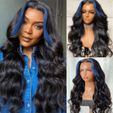 Clearance Sale Sunber Body Wave 13x4 Lace Front Wigs Black With Blue Highlights Skunk Stripe Blue Dream Flash Sale