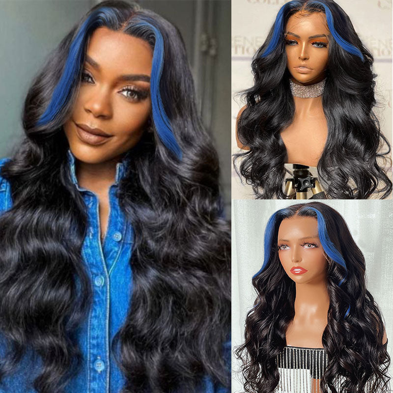 Clearance Sale Sunber Body Wave 13x4 Lace Front Wigs Black With Blue Highlights Skunk Stripe Blue Dream Flash Sale