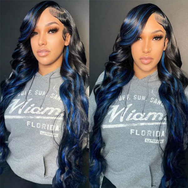 Clearance Sale Sunber Body Wave 13x4 Lace Front Wigs Black With Blue Highlights Skunk Stripe Blue Dream Flash Sale
