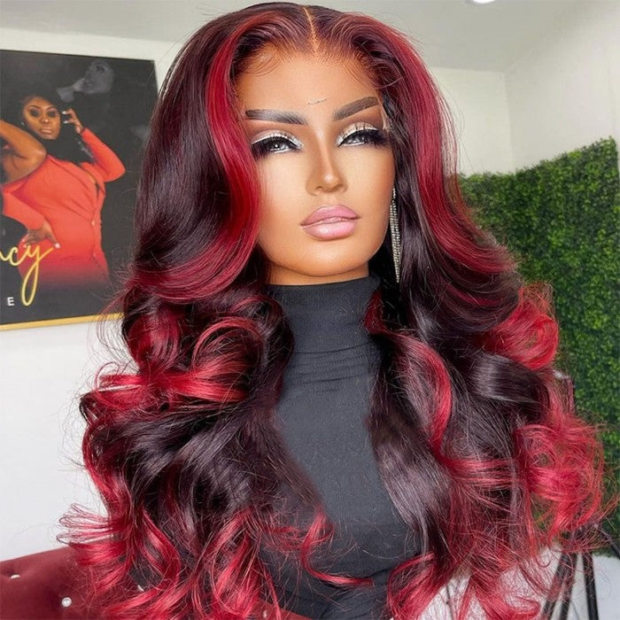Flash Sale Sunber 13*4 Lace Front Dark Burgundy With Rose Red Highlights Loose Wave Human Hair Wig