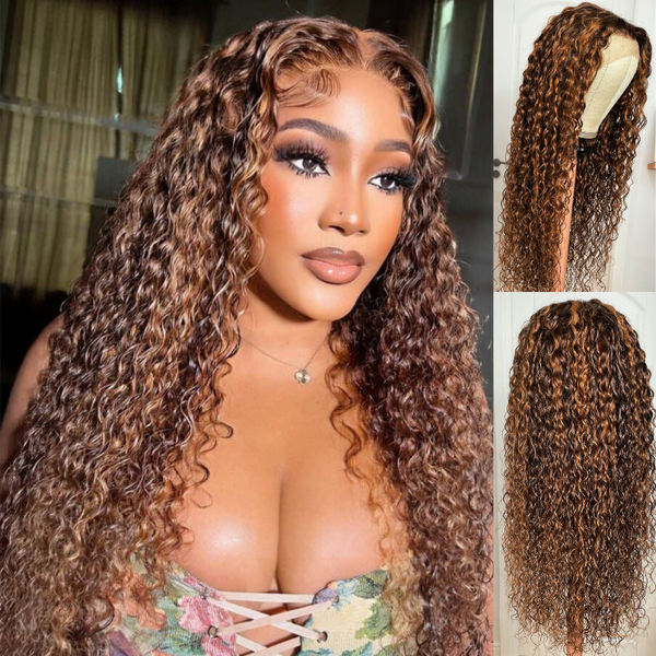 Sunber Piano Brown Highlight Big Curly 13*4 Lace Frontal Wigs Water Wave Wig For Women
