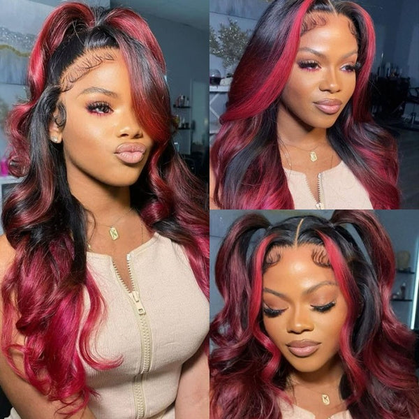 Flash Sale Sunber 13*4 Lace Front Dark Burgundy With Rose Red Highlights Loose Wave Human Hair Wig