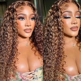 Sunber Piano Brown Highlight Big Curly 13*4 Lace Frontal Wigs Water Wave Wig For Women
