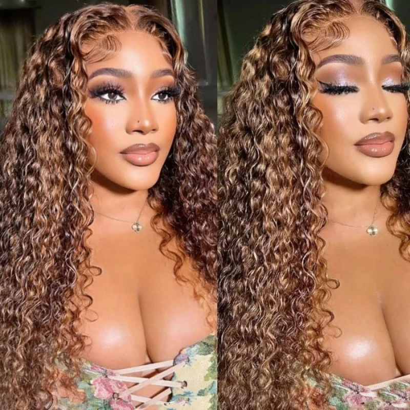 Sunber Piano Brown Highlight Big Curly 13*4 Lace Frontal Wigs Water Wave Wig For Women