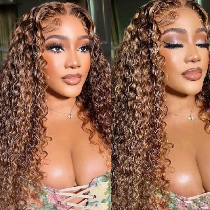 [22"=$169] Flash Sale Sunber Piano Brown Highlight Big Curly 13*4 Lace Frontal Wigs Water Wave Wig