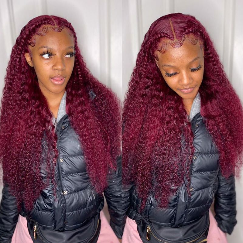 Flash Sale Sunber Burgundy Red 99J 13x4 Lace Front Jerry Curly Wig Real Human Hair For Women