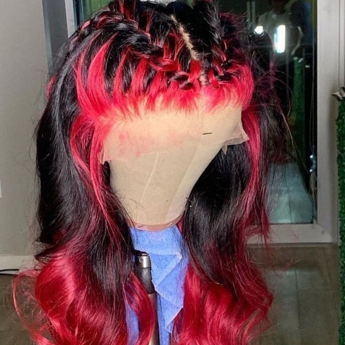 Flash Sale Sunber 13*4 Lace Front Dark Burgundy With Rose Red Highlights Loose Wave Human Hair Wig
