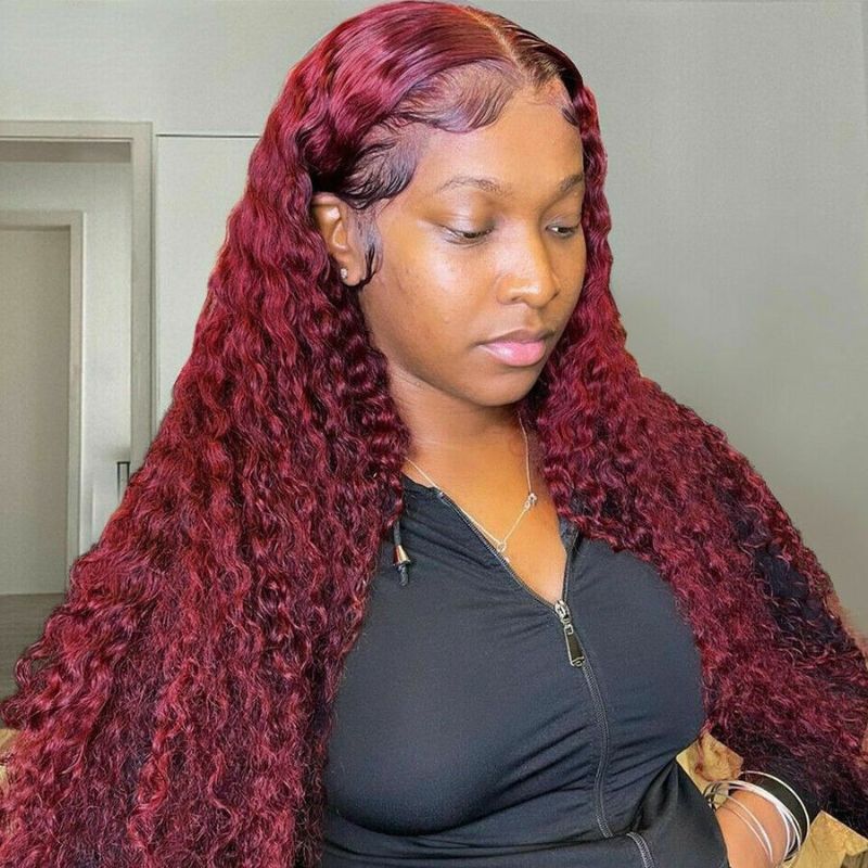 Flash Sale Sunber Burgundy Red 99J 13x4 Lace Front Jerry Curly Wig Real Human Hair For Women