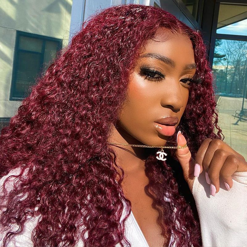 Flash Sale Sunber Burgundy Red 99J 13x4 Lace Front Jerry Curly Wig Real Human Hair For Women