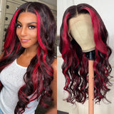 Flash Sale Sunber 13*4 Lace Front Dark Burgundy With Rose Red Highlights Loose Wave Human Hair Wig