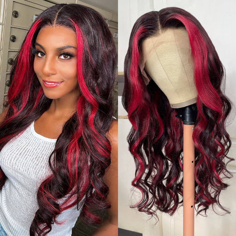 Flash Sale Sunber 13*4 Lace Front Dark Burgundy With Rose Red Highlights Loose Wave Human Hair Wig