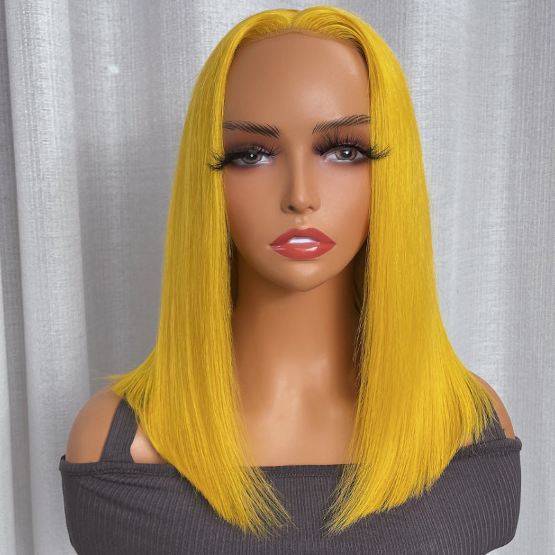 Sunber Lemon Yellow Straight Shoulder Length 13x4 Bob Lace Wig
