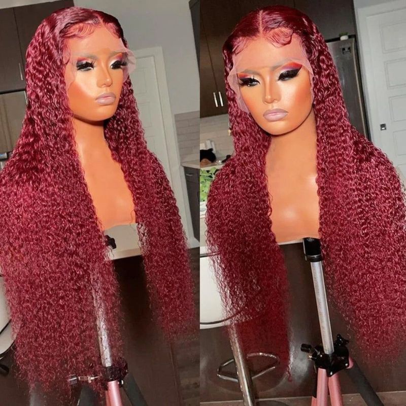 Flash Sale Sunber Burgundy Red 99J 13x4 Lace Front Jerry Curly Wig Real Human Hair For Women