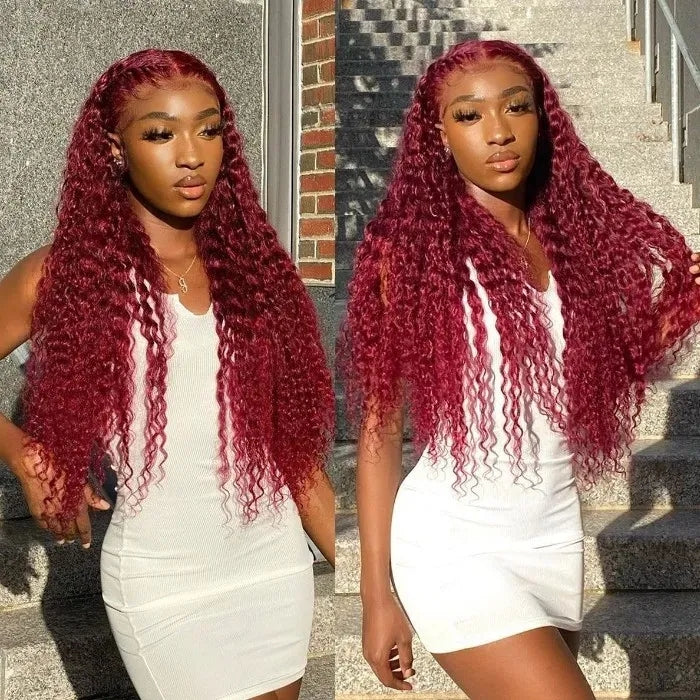 BOGO Sunber Jerry Curly 99J Red Burgundy Lace Closure Wig 180% Density Lace Front Human Hair Wigs