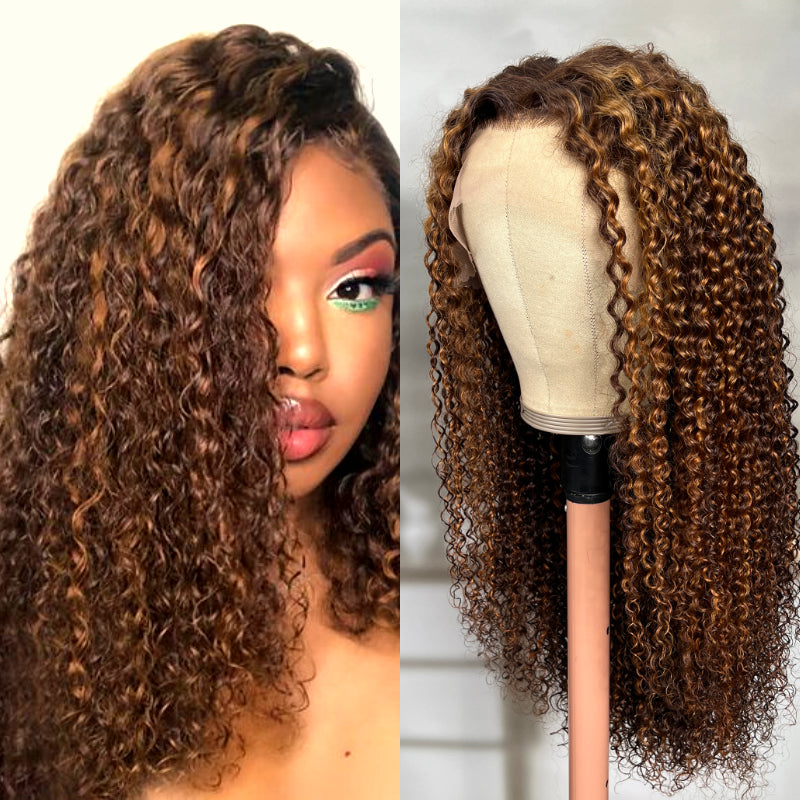Flash Sale Sunber Piano Brown Highlight Jerry Curly 13X4 Lace Front Wigs