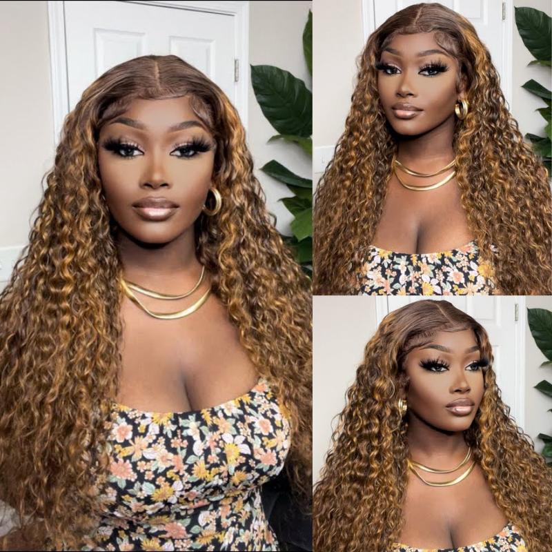 [22"=$169] Flash Sale Sunber Piano Brown Highlight Big Curly 13*4 Lace Frontal Wigs Water Wave Wig