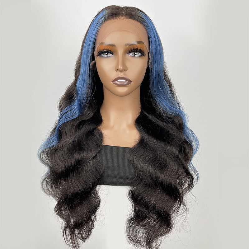 Clearance Sale Sunber Body Wave 13x4 Lace Front Wigs Black With Blue Highlights Skunk Stripe Blue Dream Flash Sale