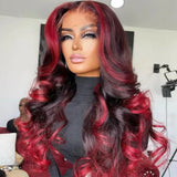 Sunber Dark Burgundy With Rose Red Highlights Loose Wave 13x4 Lace Front Human Hair Wig