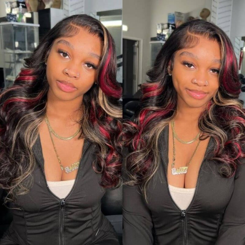 BOGO Sunber Black Hair With Blonde Red Highlights Body Wave 13x4 Lace Front Wig With Multi Color Highlights Human Hair