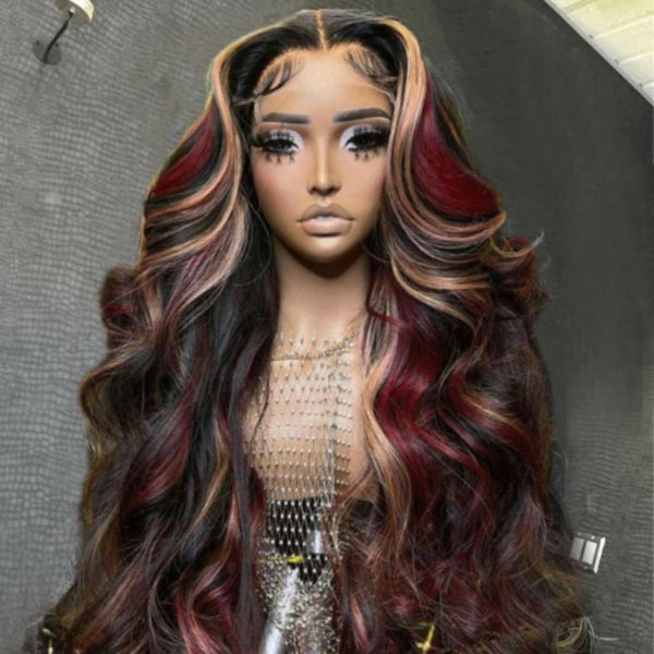 Sunber Black Hair With Blonde Red Highlights Body Wave 13x4 Lace Front Wig With Multi Color Highlights Human Hair Flash Sale
