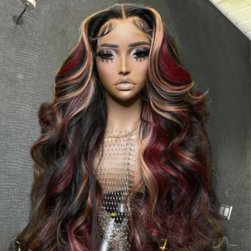 Sunber Black Hair With Blonde Red Highlights Body Wave 13x4 Lace Front Wig With Multi Color Highlights Human Hair Flash Sale