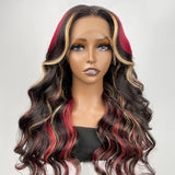 Sunber Black Hair With Blonde Red Highlights Body Wave 13x4 Lace Front Wig With Multi Color Highlights Human Hair
