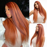 Sunber Kinky Straight Ginger Copper Red Highlight Lace Front Wigs With Natural Hairline