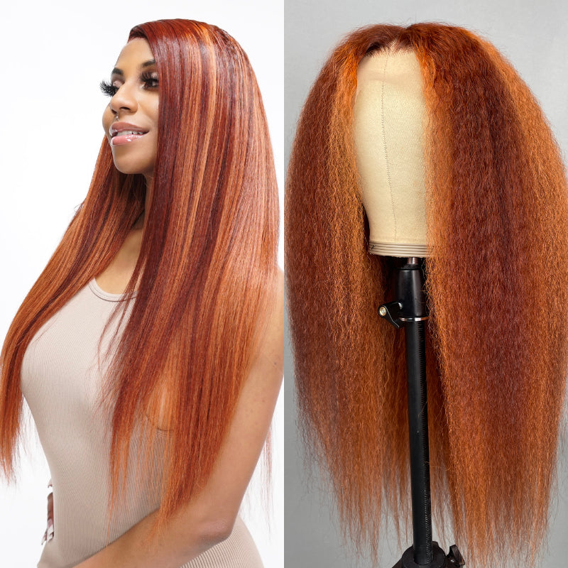 Sunber Kinky Straight Ginger Copper Red Highlight Lace Front Wigs With Natural Hairline