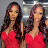 Sunber Dark Burgundy With Rose Red Highlights Loose Wave 13x4 Lace Front Human Hair Wig