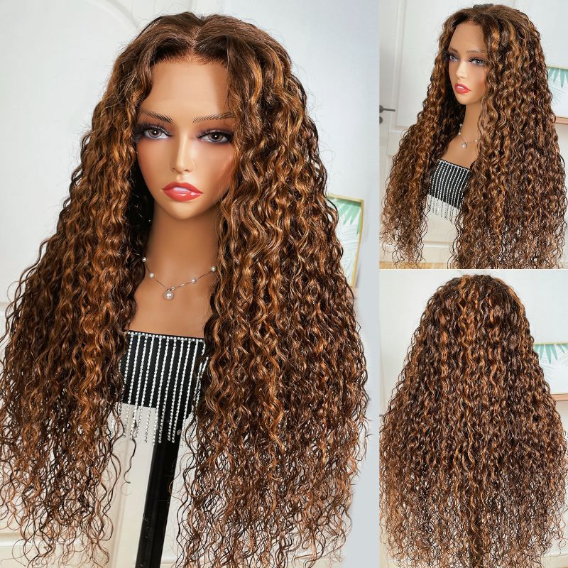 Sunber Piano Brown Highlight Big Curly 13*4 Lace Frontal Wigs Water Wave Wig For Women