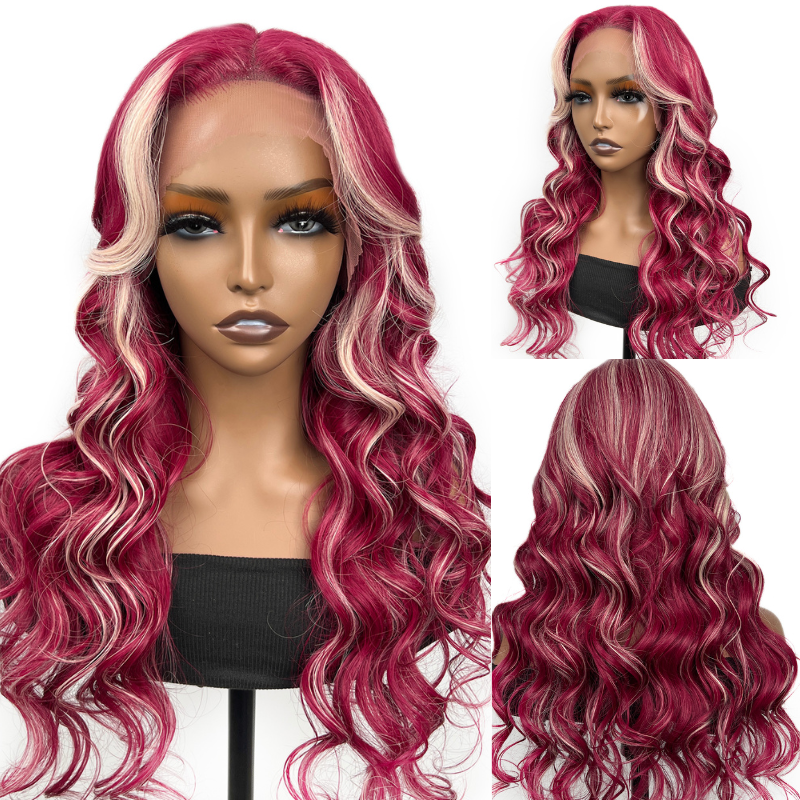 【24inch】Sunber Pink Mix With Blonde Highlight 13 By 4 Lace Front Wigs High Quality Human Hair Flash Sale