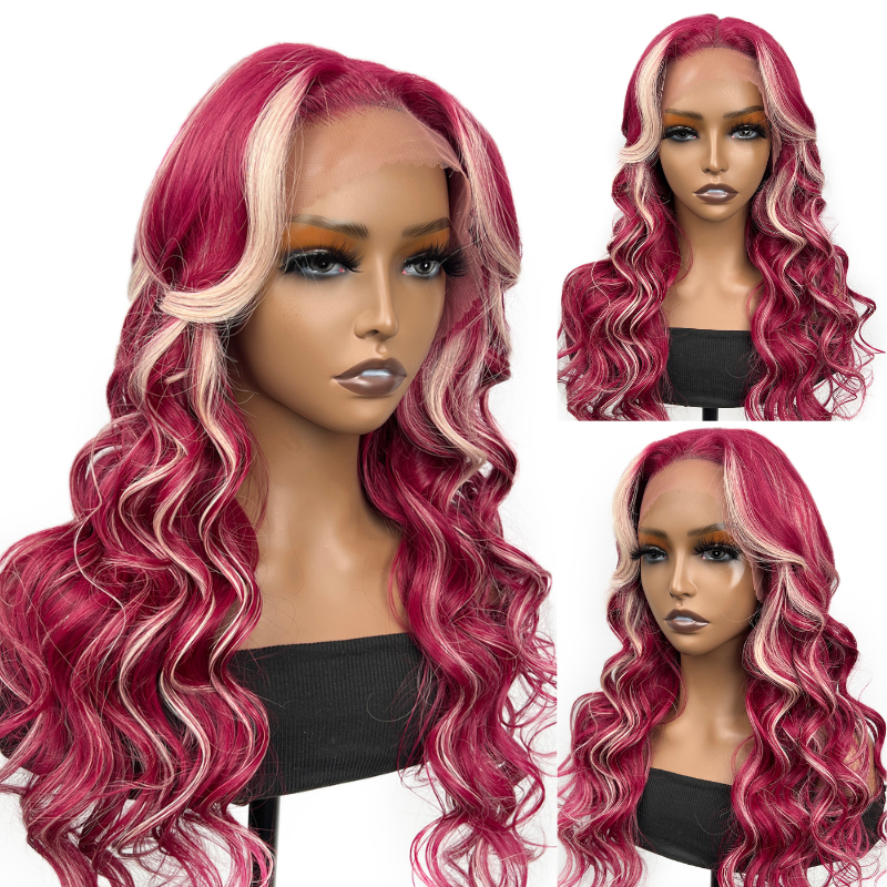 【24inch】Sunber Pink Mix With Blonde Highlight 13 By 4 Lace Front Wigs High Quality Human Hair Flash Sale