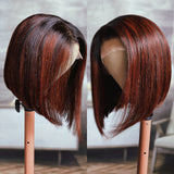 $100 Off Sunber 180% Density Dark Copper Red Balayage Angled Sleek 13x4 Lace Front Short Bob Wig