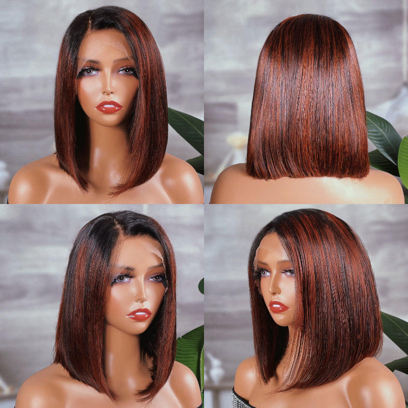 $100 Off Sunber 180% Density Dark Copper Red Balayage Angled Sleek 13x4 Lace Front Short Bob Wig