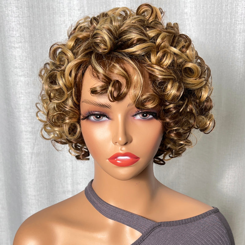 BOGO Sunber Big Curly Fluffy Brown Mixed Blonde Glueless Short Bob Wigs With Bangs