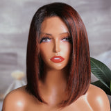 $100 Off Sunber 180% Density Dark Copper Red Balayage Angled Sleek 13x4 Lace Front Short Bob Wig