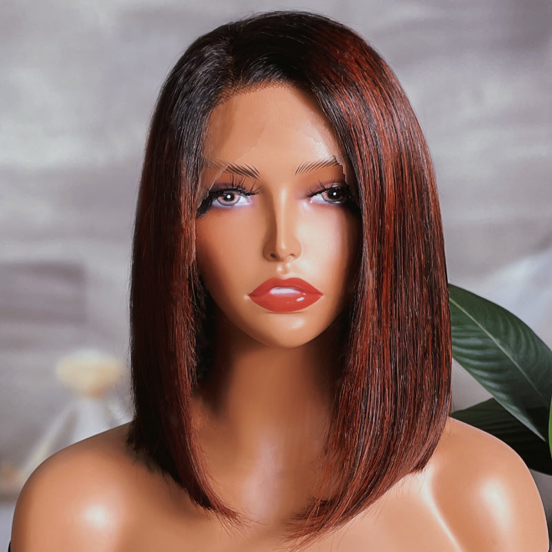 $100 Off Sunber 180% Density Dark Copper Red Balayage Angled Sleek 13x4 Lace Front Short Bob Wig