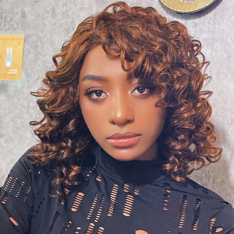 Sunber Bouncy Rose Curly Short Bob Wig With Bangs Glueless Piano Brown Wig