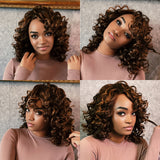 Sunber Bouncy Rose Curly Short Bob Wig With Bangs Glueless Piano Brown Wig