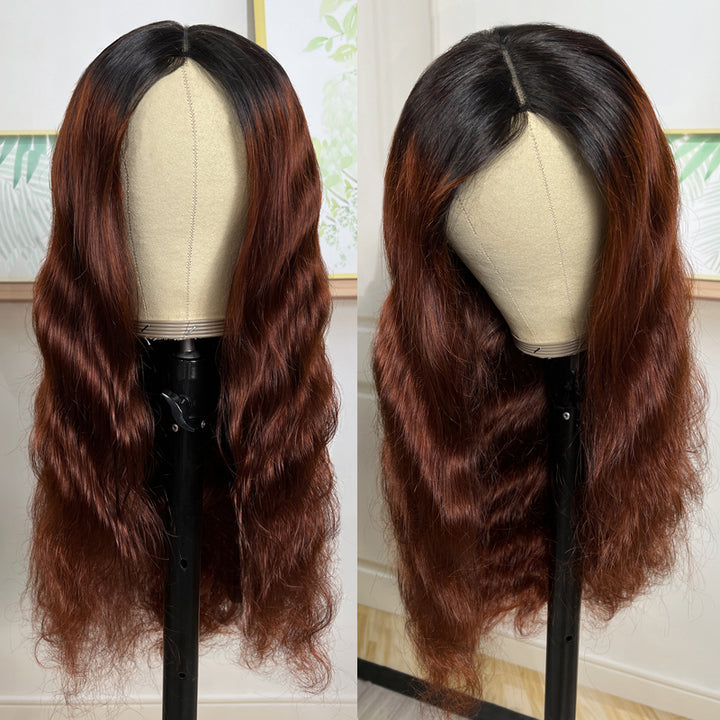 BOGO Sunber Reddish Brown Dark Roots V Part Wig Body Wave Glueless Wigs