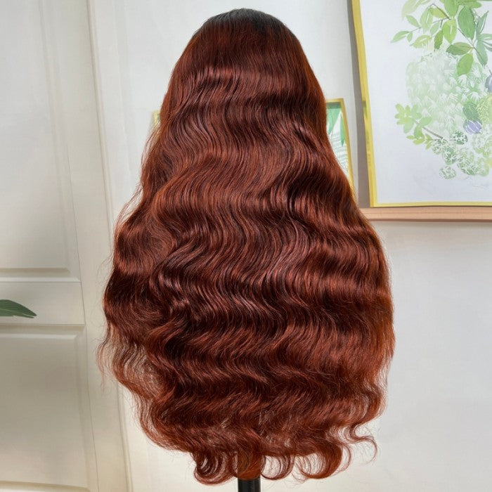 Sunber Reddish Brown Dark Roots V Part Wig Body Wave Glueless Human Hair Wigs