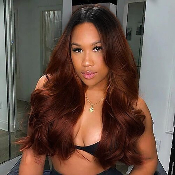 BOGO Sunber Reddish Brown Dark Roots V Part Wig Body Wave Glueless Wigs