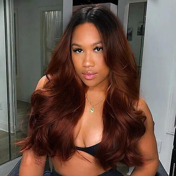 Flash Sale Sunber Reddish Brown Dark Roots V Part Wig Body Wave Glueless Human Hair Wigs