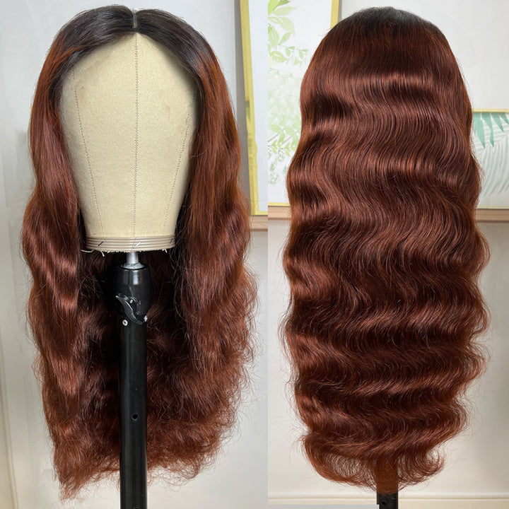 BOGO Sunber Reddish Brown Dark Roots V Part Wig Body Wave Glueless Wigs