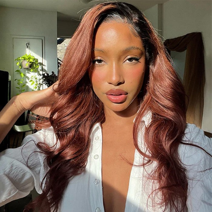 Sunber Reddish Brown Dark Roots V Part Wig Body Wave Glueless Human Hair Wigs